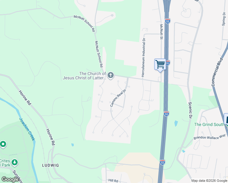 map of restaurants, bars, coffee shops, grocery stores, and more near 106 Camino Real Drive in Herculaneum