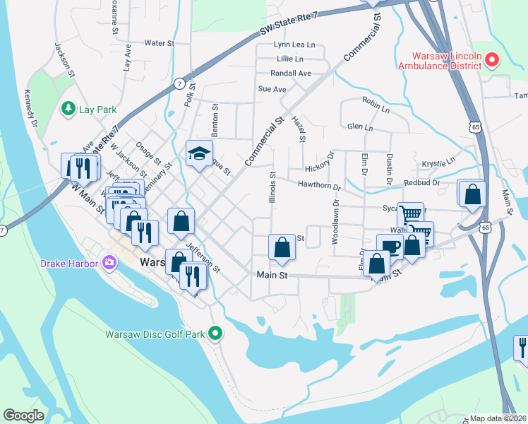 map of restaurants, bars, coffee shops, grocery stores, and more near 823 Illinois Street in Warsaw