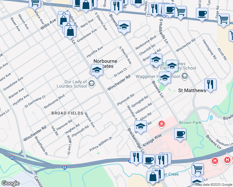 map of restaurants, bars, coffee shops, grocery stores, and more near 3909 Plymouth Road in Saint Matthews