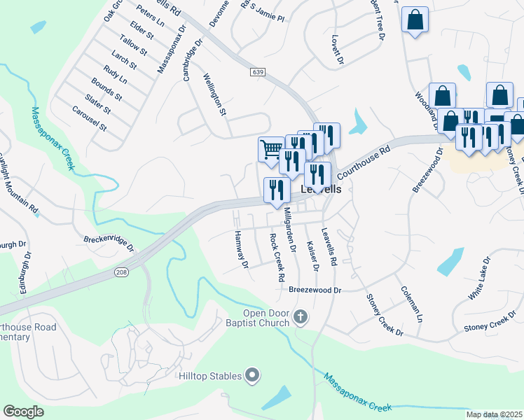 map of restaurants, bars, coffee shops, grocery stores, and more near 2229 Rock Creek Road in Fredericksburg