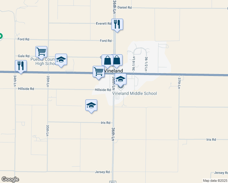 map of restaurants, bars, coffee shops, grocery stores, and more near 1132 36th Lane in Pueblo