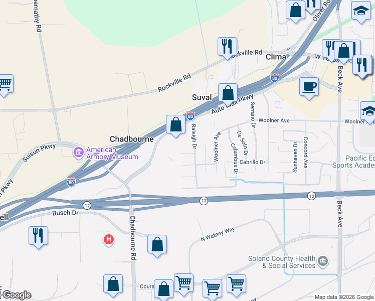 map of restaurants, bars, coffee shops, grocery stores, and more near 2545 Auto Mall Parkway in Fairfield