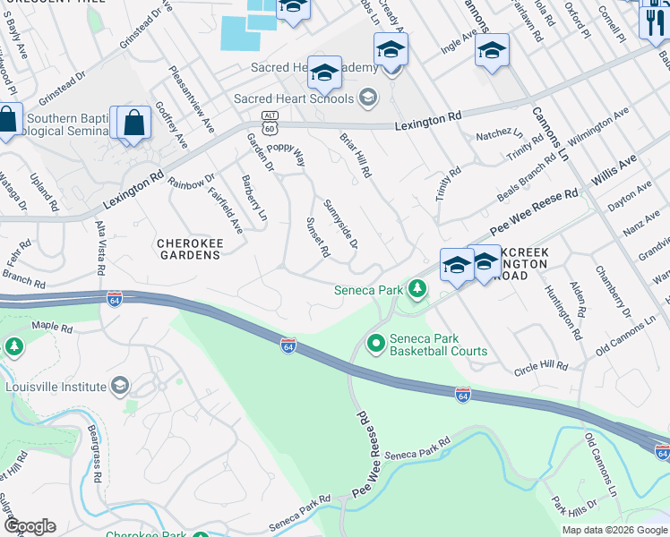 map of restaurants, bars, coffee shops, grocery stores, and more near 596 Sunset Road in Louisville