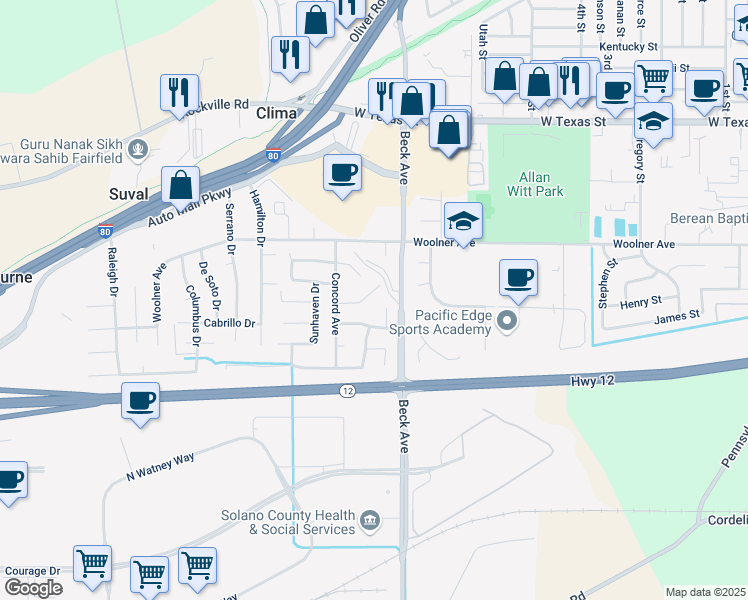map of restaurants, bars, coffee shops, grocery stores, and more near 2200 Concord Court in Fairfield