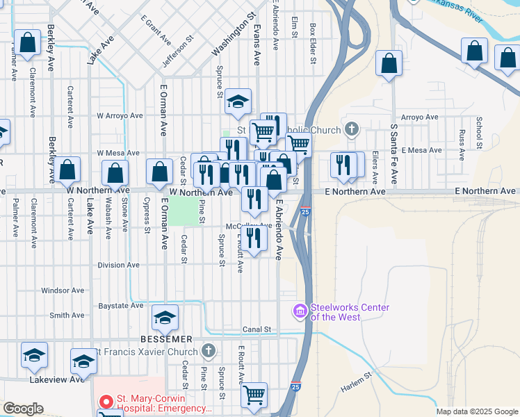 map of restaurants, bars, coffee shops, grocery stores, and more near 316 West Northern Avenue in Pueblo