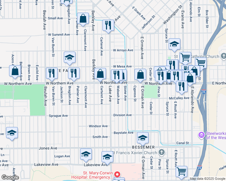 map of restaurants, bars, coffee shops, grocery stores, and more near 1130 West Northern Avenue in Pueblo