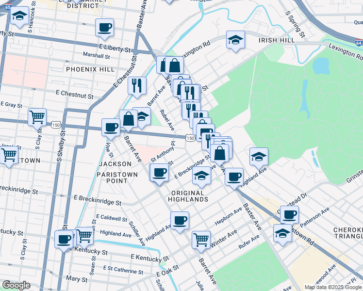 map of restaurants, bars, coffee shops, grocery stores, and more near 1201 East Broadway in Louisville