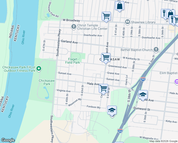 map of restaurants, bars, coffee shops, grocery stores, and more near 4218 Greenwood Avenue in Louisville