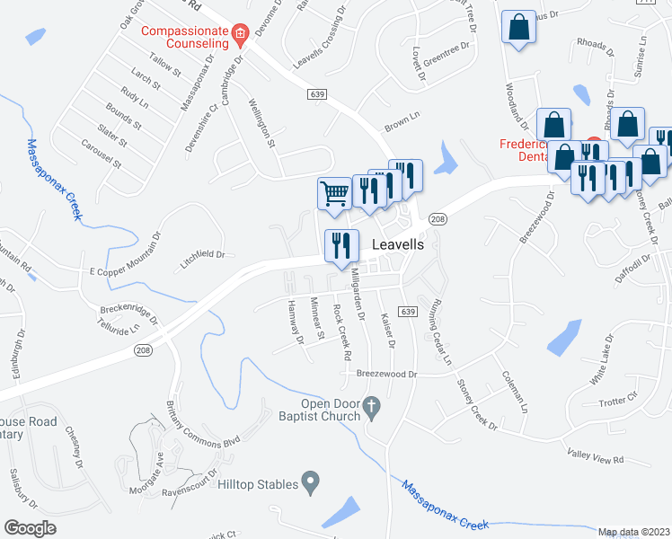 map of restaurants, bars, coffee shops, grocery stores, and more near 2245 Rock Creek Road in Fredericksburg