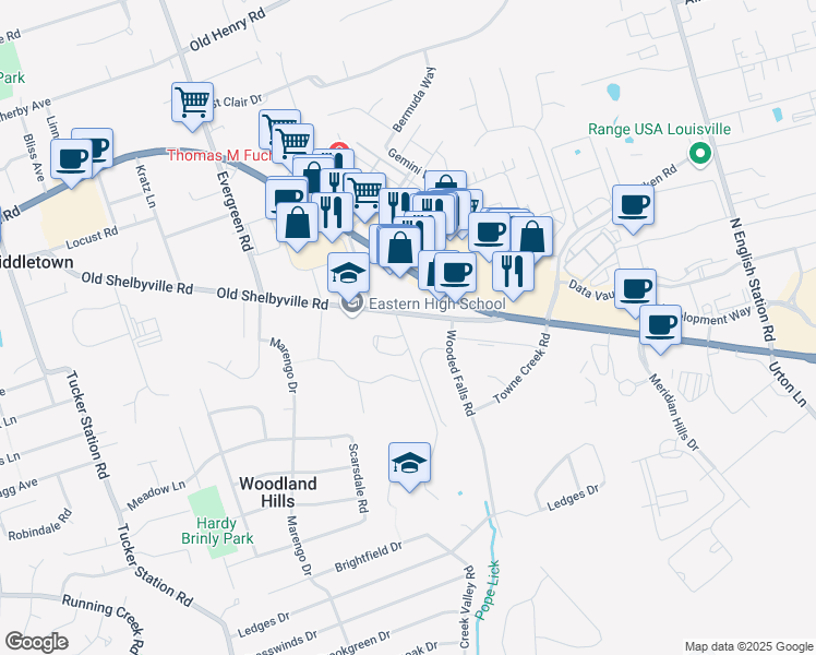 map of restaurants, bars, coffee shops, grocery stores, and more near 12505 Townepark Way in Louisville