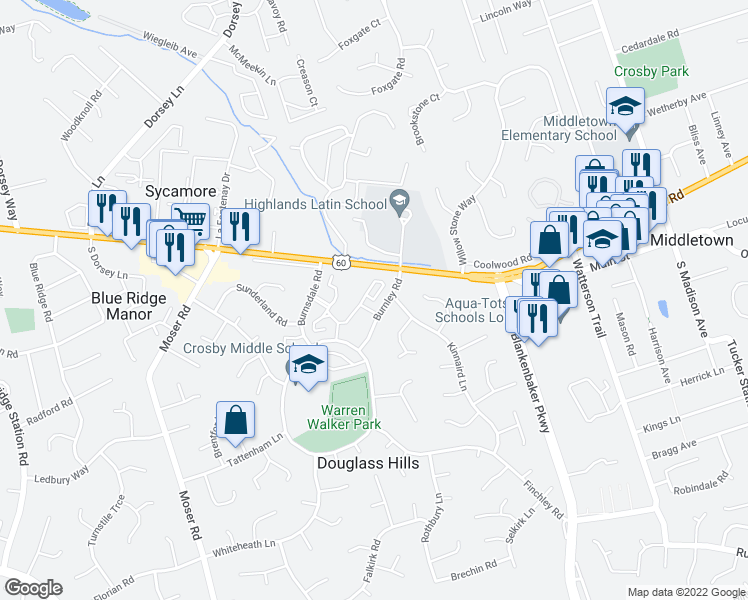 map of restaurants, bars, coffee shops, grocery stores, and more near 409 Charlestown Court in Douglass Hills