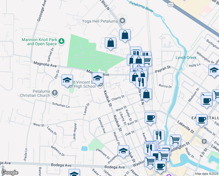 map of restaurants, bars, coffee shops, grocery stores, and more near 1 Liberty Lane in Petaluma