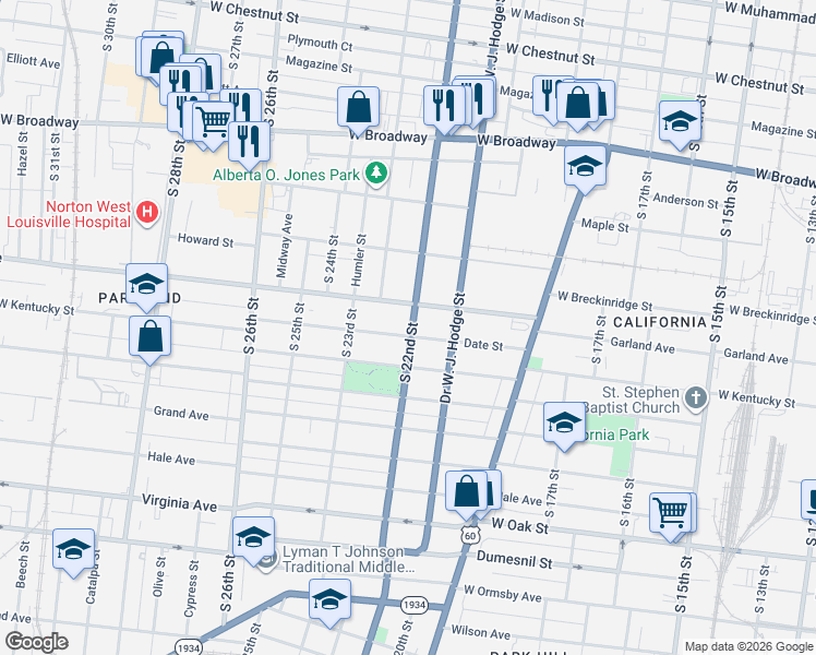 map of restaurants, bars, coffee shops, grocery stores, and more near 2204 Garland Avenue in Louisville