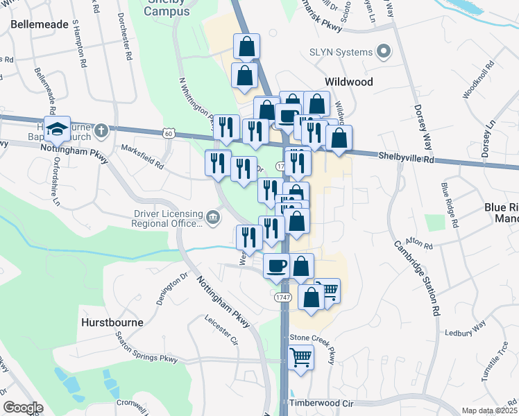 map of restaurants, bars, coffee shops, grocery stores, and more near 329 Whittington Pkwy in Louisville