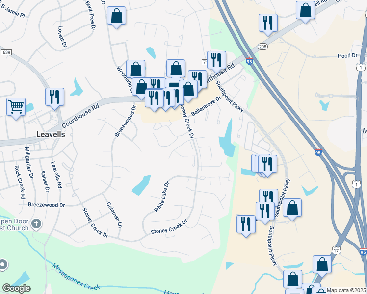 map of restaurants, bars, coffee shops, grocery stores, and more near 5220 Daffodil Drive in Fredericksburg