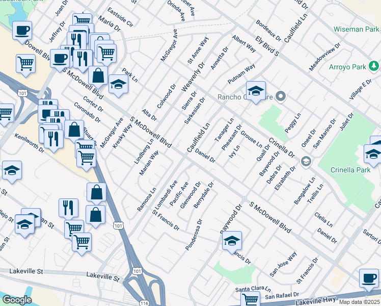 map of restaurants, bars, coffee shops, grocery stores, and more near 1405 Caulfield Lane in Petaluma