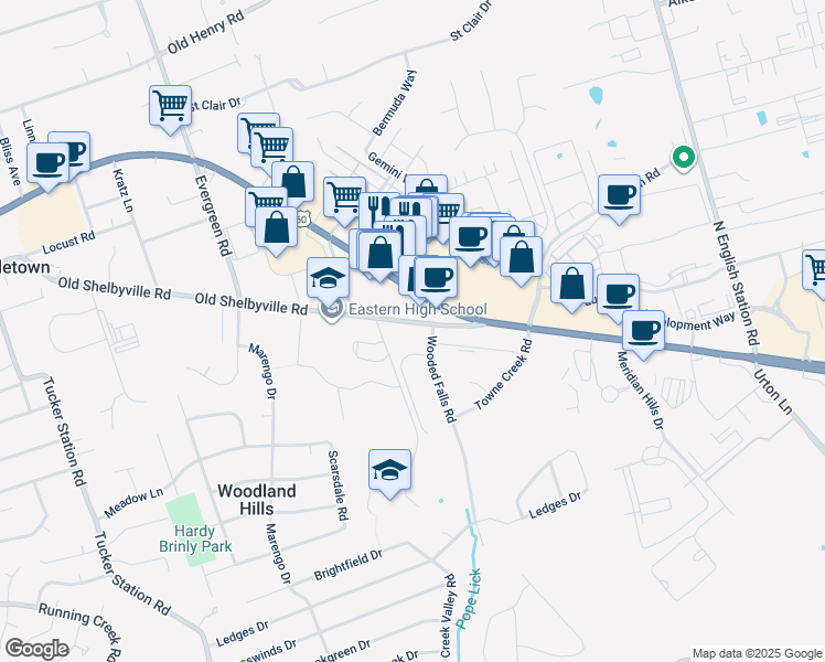 map of restaurants, bars, coffee shops, grocery stores, and more near 12610 Shelbyville Road in Louisville