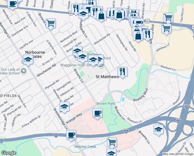 map of restaurants, bars, coffee shops, grocery stores, and more near 4219 Alton Road in Saint Matthews