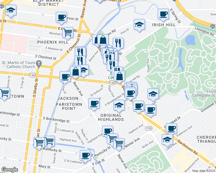 map of restaurants, bars, coffee shops, grocery stores, and more near 1201 East Broadway in Louisville
