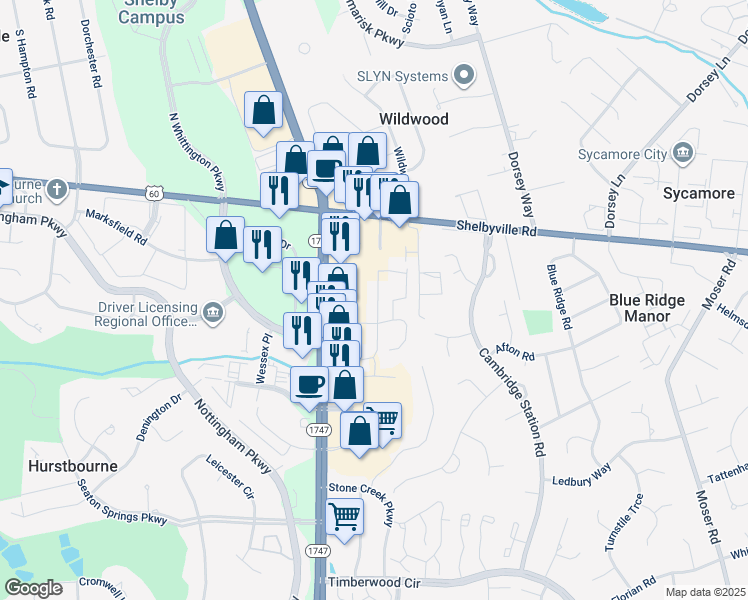 map of restaurants, bars, coffee shops, grocery stores, and more near 9811 Vieux Carre Drive in Louisville