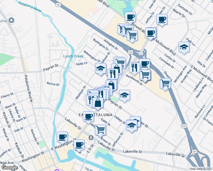 map of restaurants, bars, coffee shops, grocery stores, and more near 16 Alma Court in Petaluma