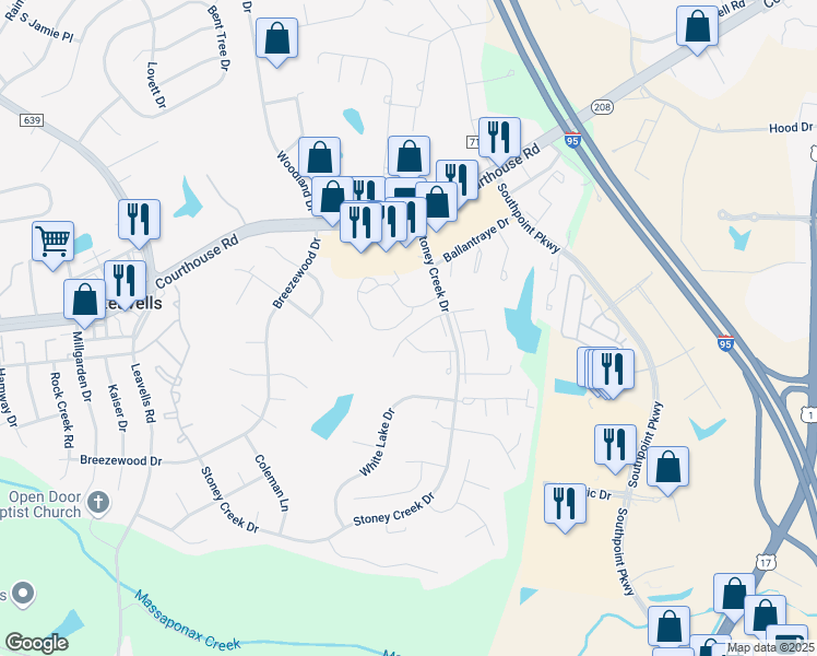 map of restaurants, bars, coffee shops, grocery stores, and more near 5239 Daffodil Drive in Fredericksburg