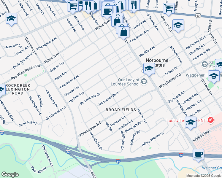 map of restaurants, bars, coffee shops, grocery stores, and more near 3607 Saint Germaine Court in Louisville