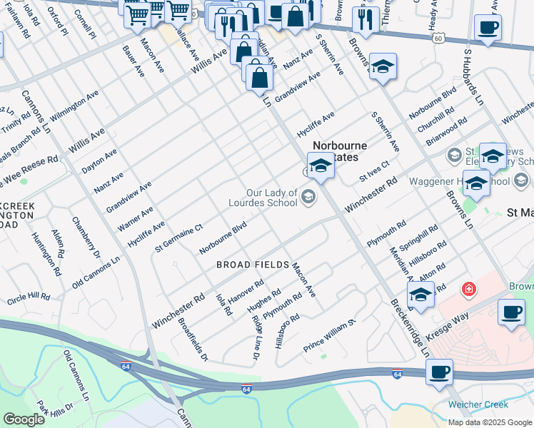 map of restaurants, bars, coffee shops, grocery stores, and more near 3700 Norbourne Boulevard in Louisville