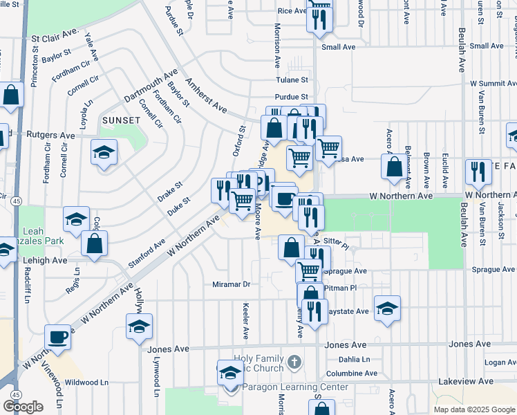 map of restaurants, bars, coffee shops, grocery stores, and more near 1383 Moore Avenue in Pueblo