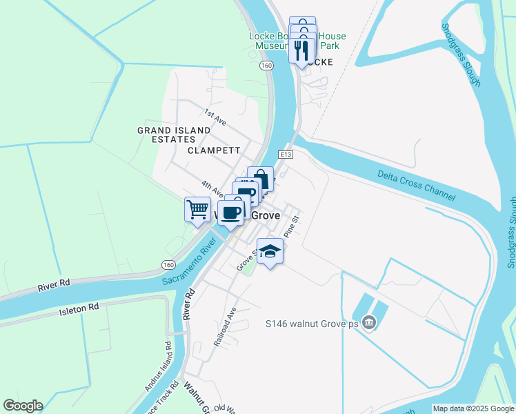 map of restaurants, bars, coffee shops, grocery stores, and more near 14071 River Road in Walnut Grove