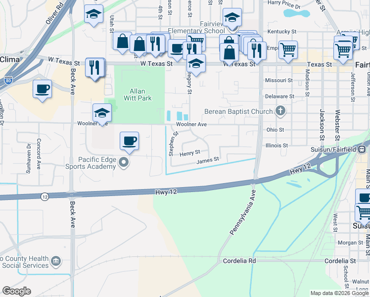map of restaurants, bars, coffee shops, grocery stores, and more near 222 Roger Street in Fairfield