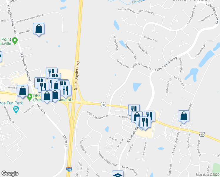 map of restaurants, bars, coffee shops, grocery stores, and more near 322 Beckley Ridge Lane in Louisville