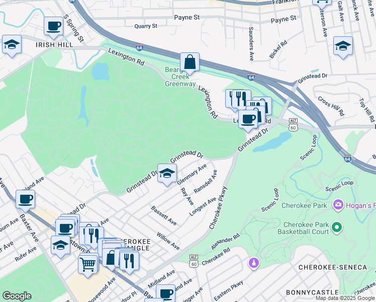 map of restaurants, bars, coffee shops, grocery stores, and more near 2215-2217 Grinstead Drive in Louisville