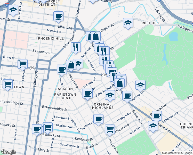 map of restaurants, bars, coffee shops, grocery stores, and more near 1201 East Broadway in Louisville