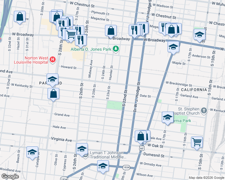 map of restaurants, bars, coffee shops, grocery stores, and more near 2236 Garland Avenue in Louisville