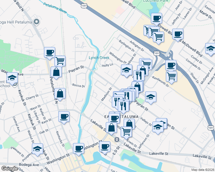 map of restaurants, bars, coffee shops, grocery stores, and more near 65 Payran Street in Petaluma