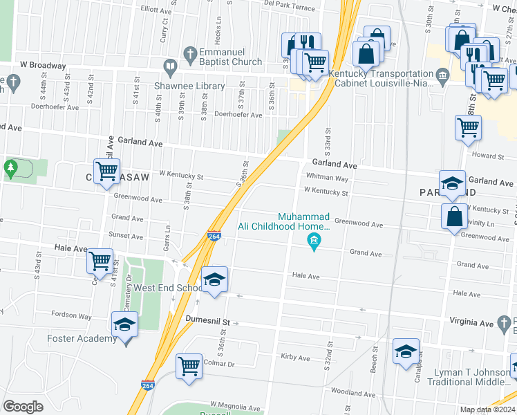 map of restaurants, bars, coffee shops, grocery stores, and more near 3515 Greenwood Avenue in Louisville