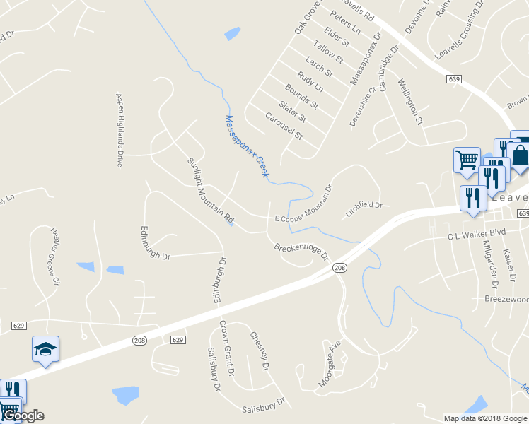 map of restaurants, bars, coffee shops, grocery stores, and more near 5901 West Copper Mountain Drive in Spotsylvania