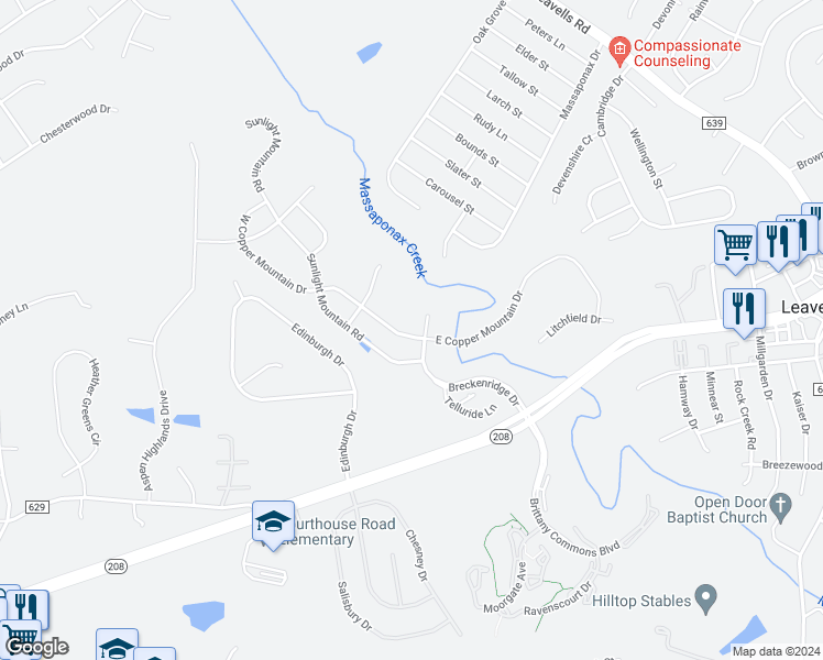 map of restaurants, bars, coffee shops, grocery stores, and more near 5903 West Copper Mountain Drive in Spotsylvania