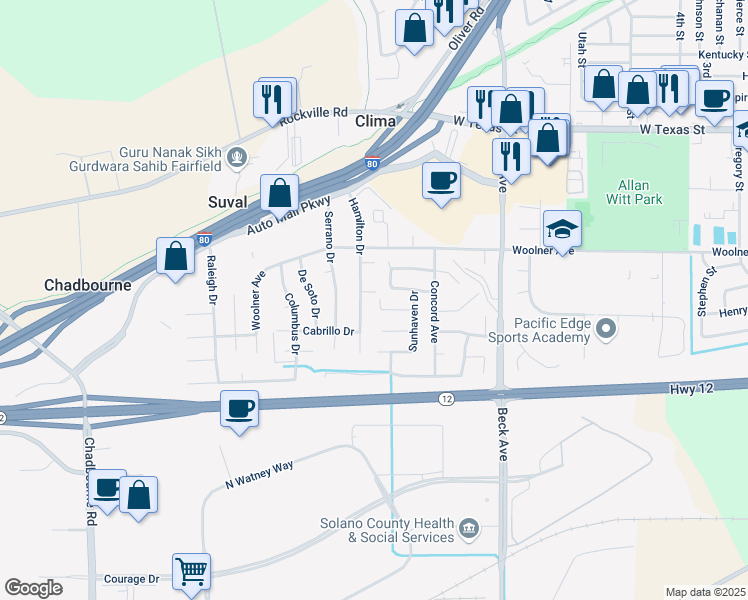 map of restaurants, bars, coffee shops, grocery stores, and more near 2145 Beaujolais Court in Fairfield