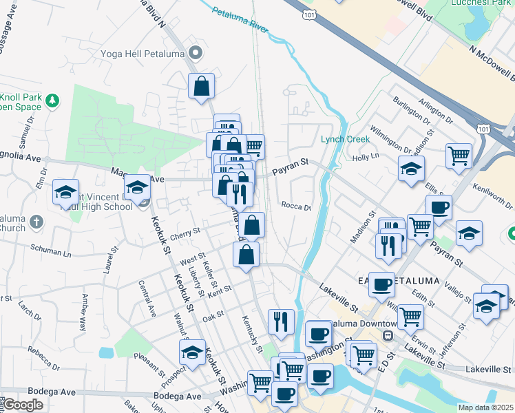 map of restaurants, bars, coffee shops, grocery stores, and more near 2 Sandy Lane in Petaluma