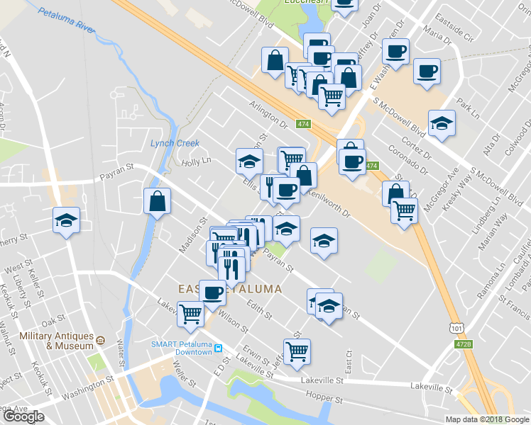 map of restaurants, bars, coffee shops, grocery stores, and more near 9A Alma Court in Petaluma