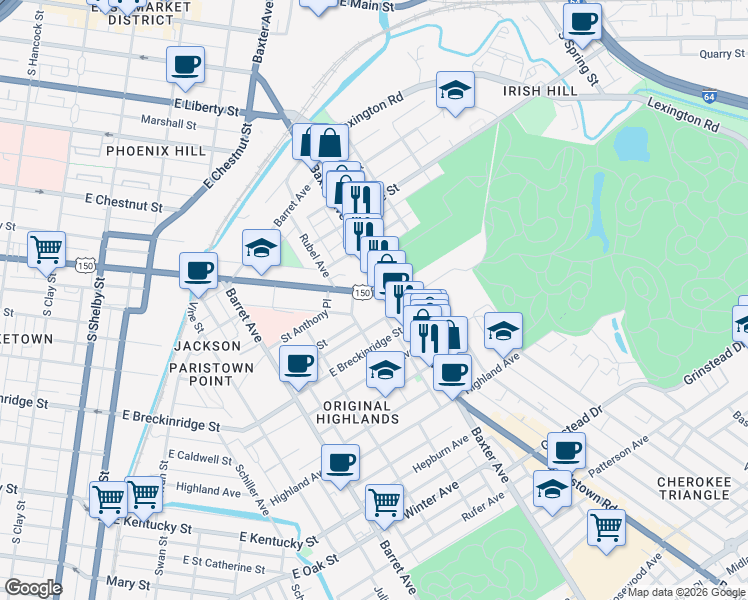 map of restaurants, bars, coffee shops, grocery stores, and more near 1231 U.S. 150 in Louisville