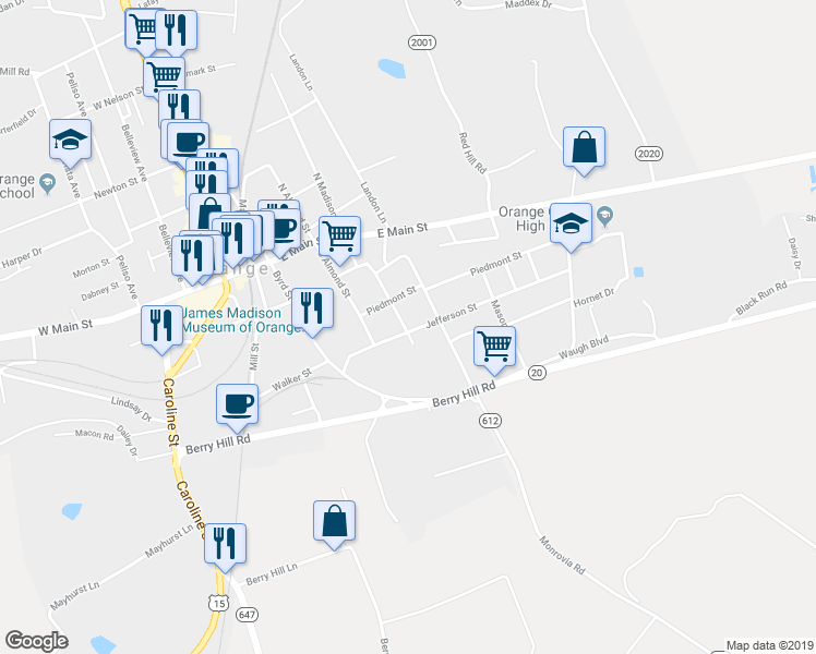 map of restaurants, bars, coffee shops, grocery stores, and more near 245 Jefferson Street in Orange