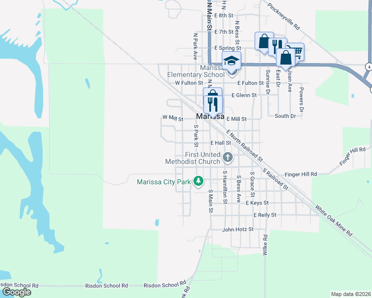 map of restaurants, bars, coffee shops, grocery stores, and more near 218 South Park Street in Marissa
