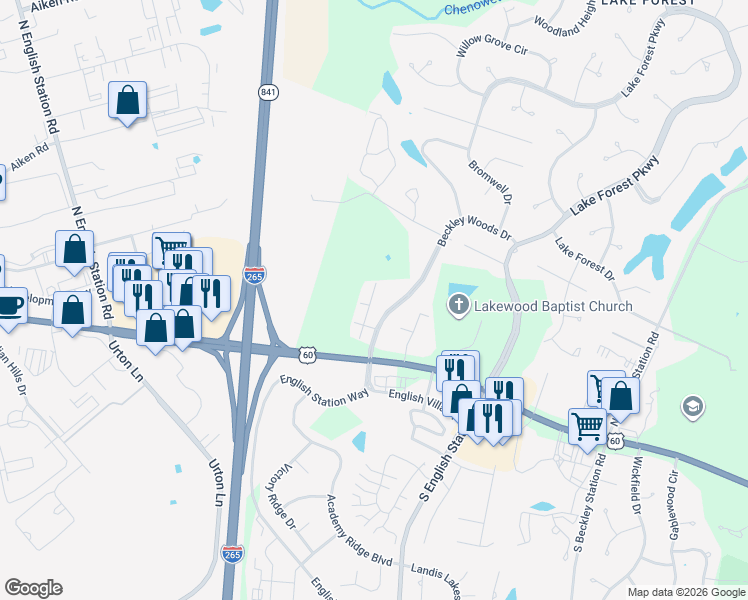 map of restaurants, bars, coffee shops, grocery stores, and more near 322 Beckley Ridge Lane in Louisville