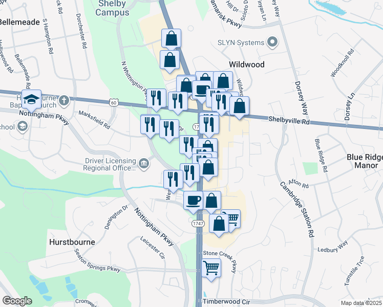 map of restaurants, bars, coffee shops, grocery stores, and more near 329 Whittington Parkway in Louisville