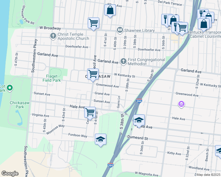 map of restaurants, bars, coffee shops, grocery stores, and more near 1027 South 40th Street in Louisville