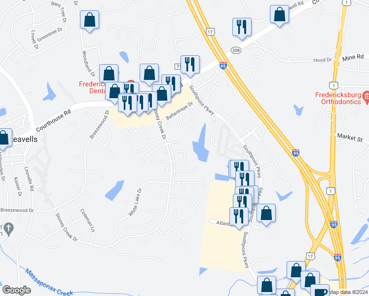 map of restaurants, bars, coffee shops, grocery stores, and more near 5125 Pecan Drive in Fredericksburg