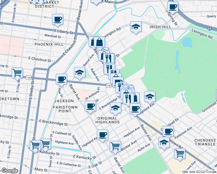 map of restaurants, bars, coffee shops, grocery stores, and more near 1224 East Broadway in Louisville